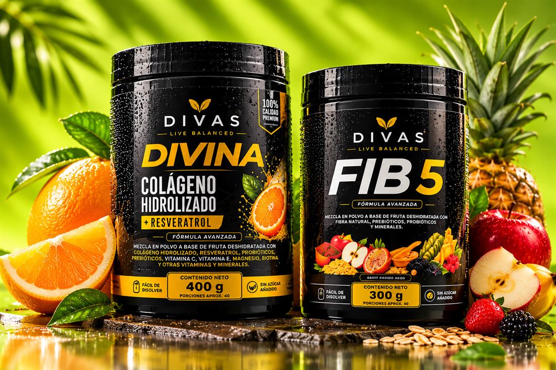 Dos tarros de DIVAS sobre fondo verde lima: DIVINA, colágeno hidrolizado, y FIB 5, fibra en polvo