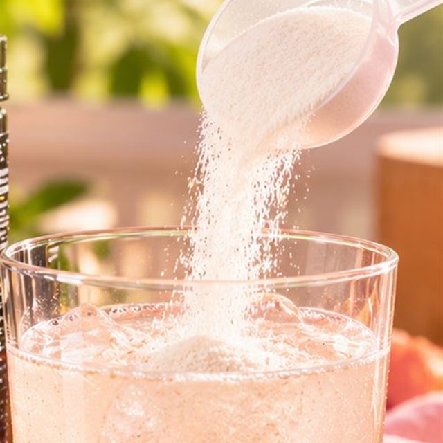 El producto en polvo cayendo en un vaso de agua